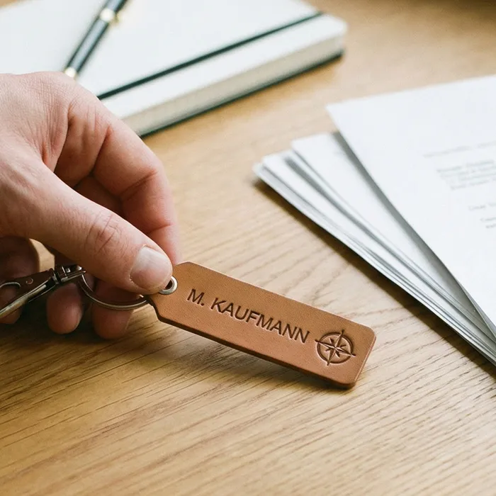 Nahaufnahme von einem braunen Leder Schlüsselanhänger mit Lasergravur, der von einer Hand gehalten wird, im Hintergrund liegen Notizbuch und Dokumente. Ideal für Unternehmen in Schweinfurt, Würzburg und der Umgebung.