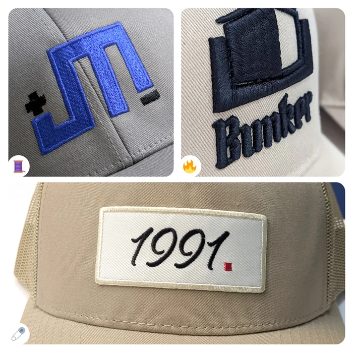 Veredelungsarten für bestickte Baseballcaps: klassische Stickerei, 3D-Volumenstickerei und als Patch.