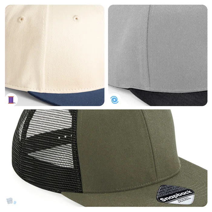 Varianten der bestickten Caps als Snapback. Materialien: Baumwolle, Mix, Polyester.