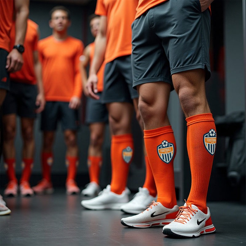 Zu sehen sind mehrere junge Männer die Teamsocken in orange, bedruckt mit einem Logo, in einer Umkleidekabine tragen