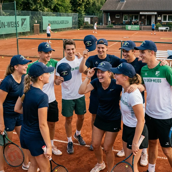 Eine Gruppe von Tennisspielern präsentiert stolz ihre neuen Sport-Caps mit Stickerei auf dem Sandplatz in Unterfranken.