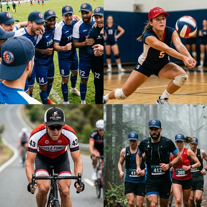 Eine Collage zeigt Sportler, die bei verschiedenen Aktivitäten wie Fußball, Volleyball, Radsport und Laufen passende bestickte Sportkappen tragen.