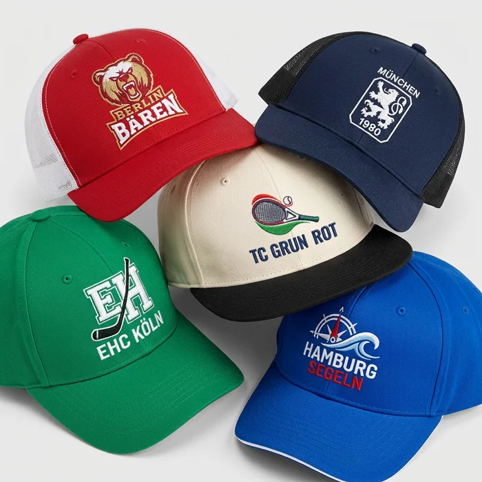 Fünf verschiedene Caps mit bestickten Sport-Logos