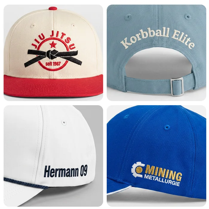Vier verschiedene Caps für Sport mit bestickten Motive: Jiu Jitsu, Korbball Elite, Hermann 09 und Mining Metallurgie