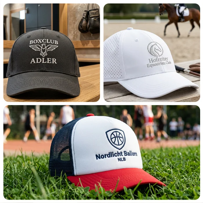 Drei verschiedene Caps für Sport mit gestickten Logos: Boxclub Adler, Hofreiter Equestrian Club und Nordlicht Ballers