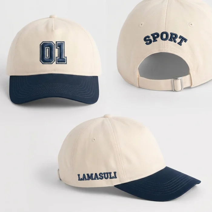Bestickte beige-navy Caps für Sport mit verschiedenen Logopositionen