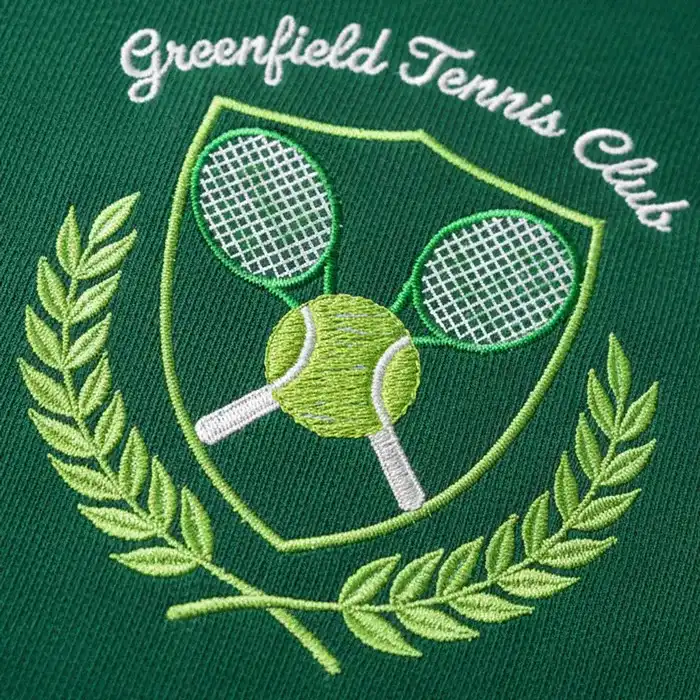 Teamoutfits: Nahaufnahme einer Maschinenstickerei des Wappens des Tennisclubs Greenfield auf grünem Stoff.