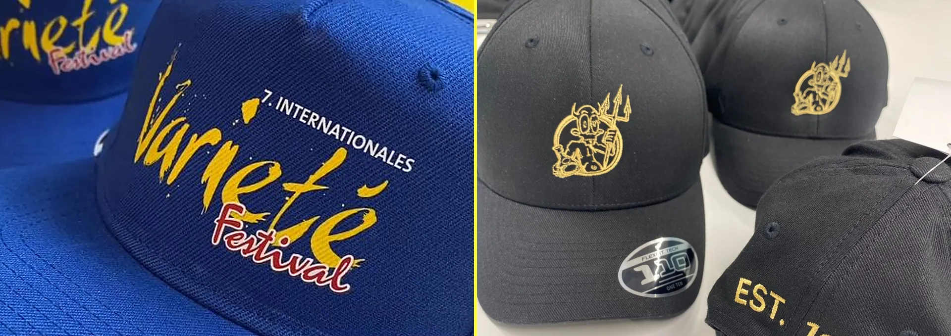 Startseite 63 Textildruck oder Stickerei: links bedruckte Cap, rechts bestickte Caps – Lamasuli Schweinfurt