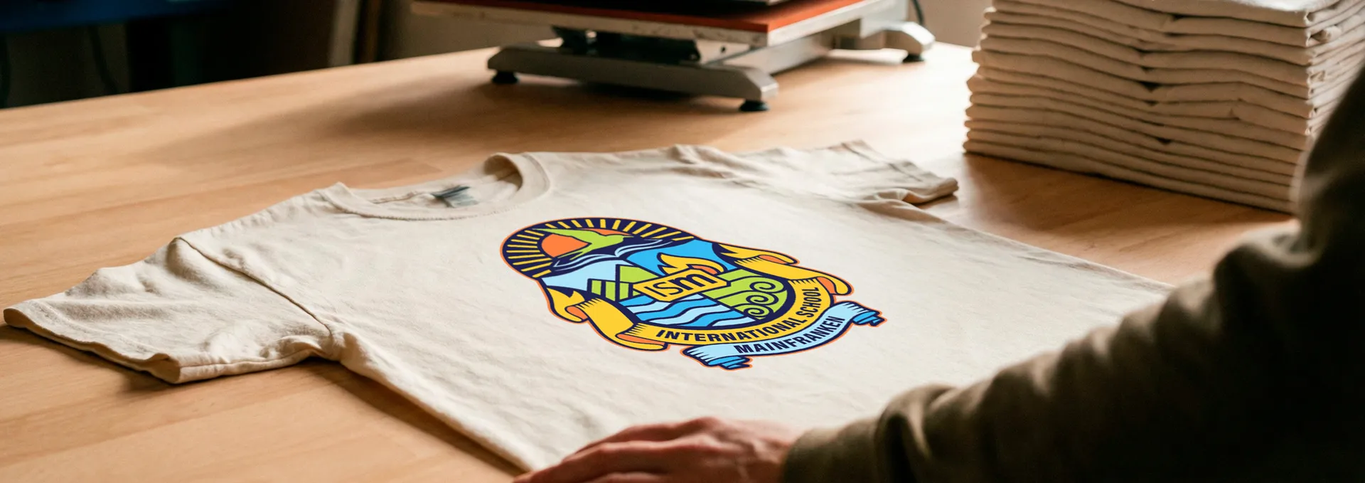 Frisch bedrucktes T-Shirt mit Motiv auf Arbeitstisch