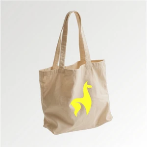 zu sehen ist eine bedruckte Taschen beige mit dem gelben Logo der Firma Lamasuli