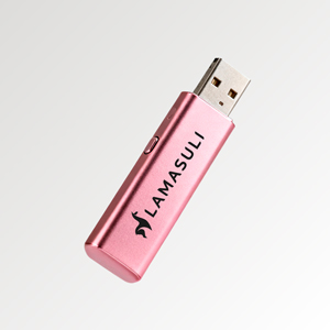 Nahaufnahme eines rosafarbenen USB-Sticks mit der eingravierten Aufschrift "LAMASULI" und einem stilisierten Lama-Logo.