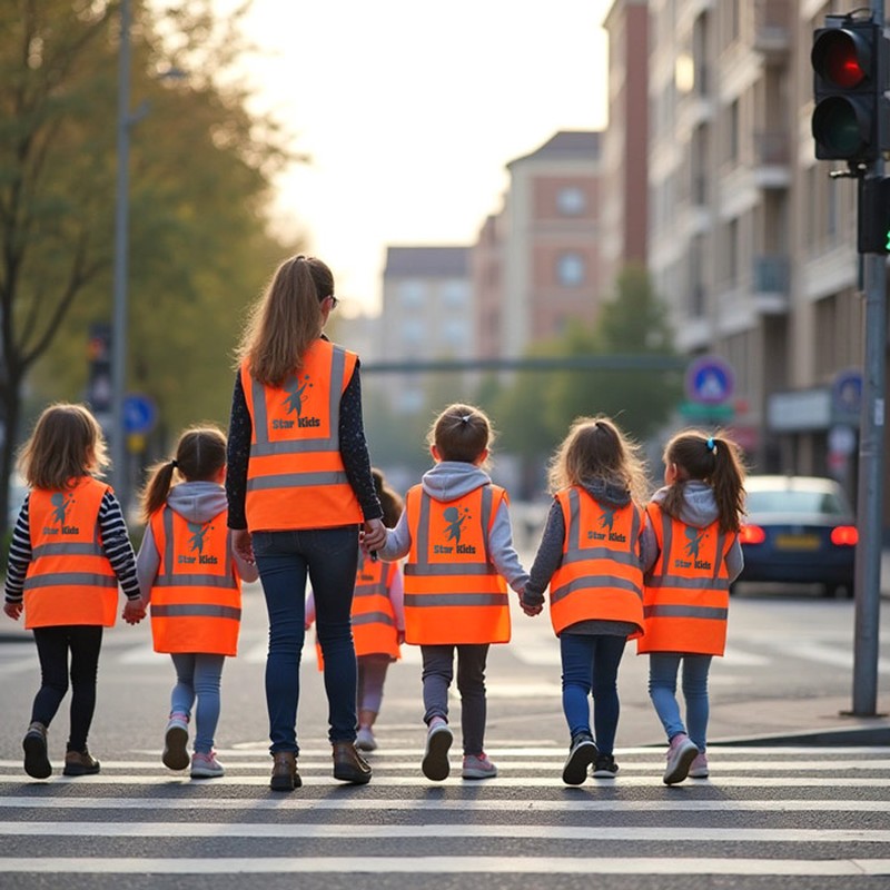 Kindergartengruppe mit orangefarbenen Warnwesten – Warnwesten bedrucken für Schulen und Gruppen in Schweinfurt