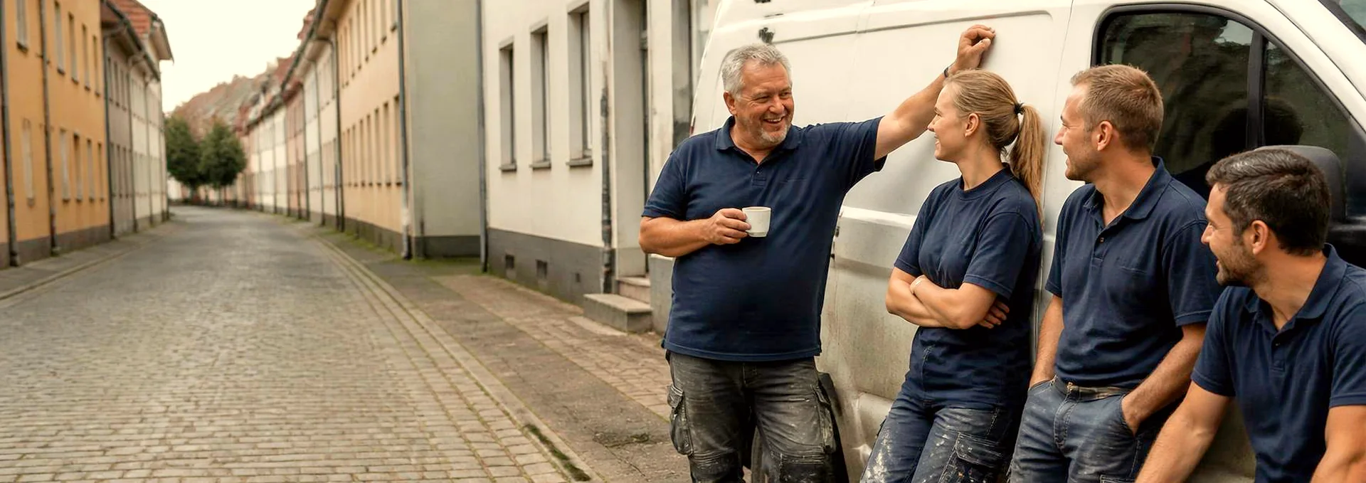 Startseite 63 Handwerker-Websites: Team in einheitlichen Poloshirts am Firmentransporter